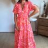 Robe longue fleurie rouge - Modèle Tania
