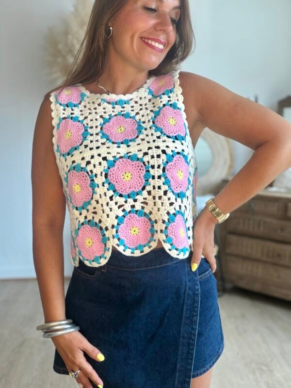 Top en crochet bleu rose - Modèle Suzie