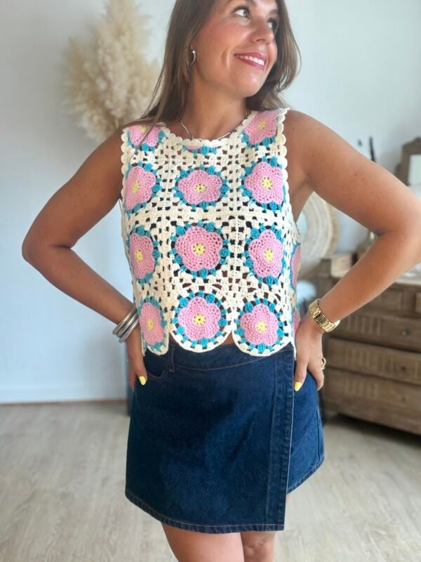 Top en crochet bleu rose - Modèle Suzie