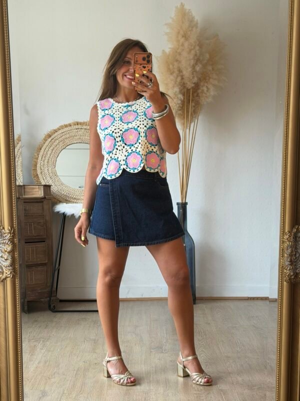 Top en crochet bleu rose - Modèle Suzie