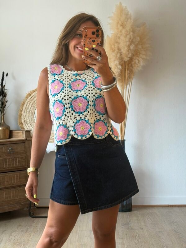Top en crochet bleu rose - Modèle Suzie