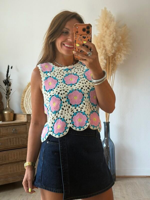 Top en crochet bleu rose - Modèle Suzie