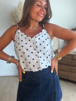 Top bleu à pois marron - Modèle Lucile