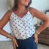Top bleu à pois marron - Modèle Lucile