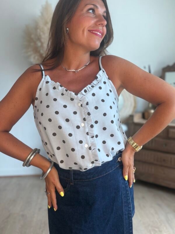 Top bleu à pois marron - Modèle Lucile