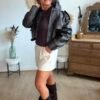 Veste similicuir grainé chocolat   - Modèle Lisie