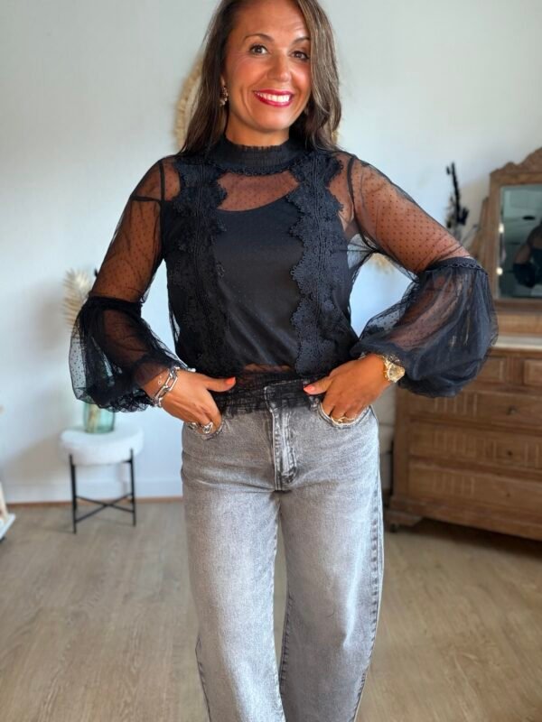 Blouse dentelle noire plumetis - Modèle Lisie