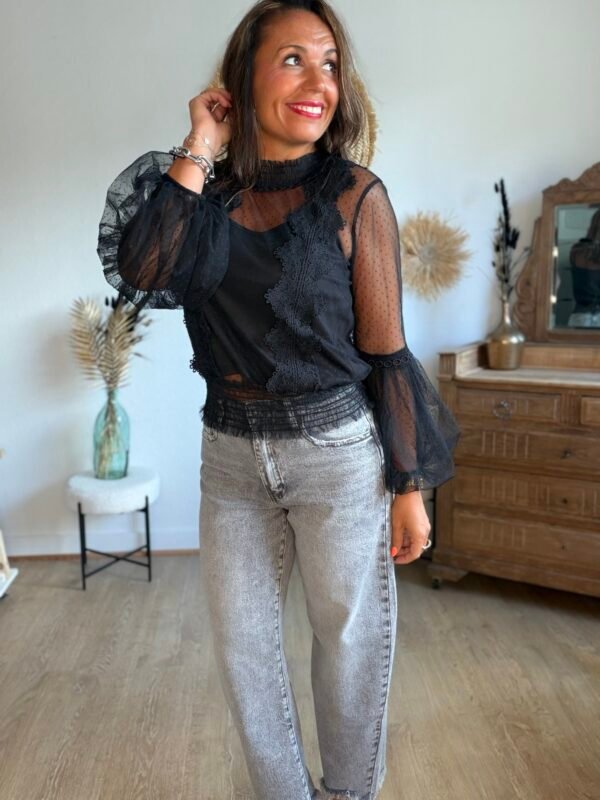 Blouse dentelle noire plumetis - Modèle Lisie