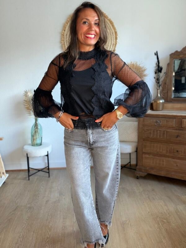 Blouse dentelle noire plumetis - Modèle Lisie