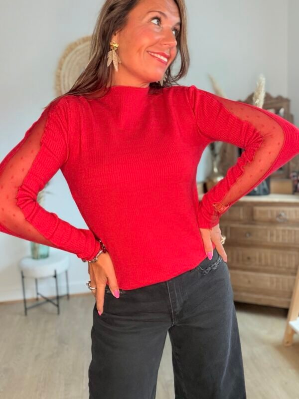 Pull rouge tulle plumetis  - Modèle Mary