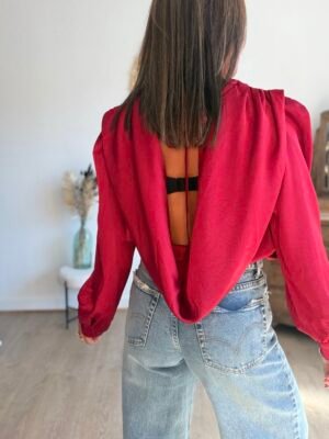 Blouse satin texturé à dos Benitier rouge - Modèle Lou