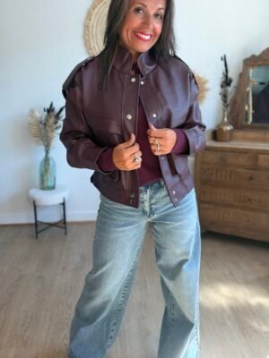 Veste similicuir grainé bordeaux  - Modèle Lisie