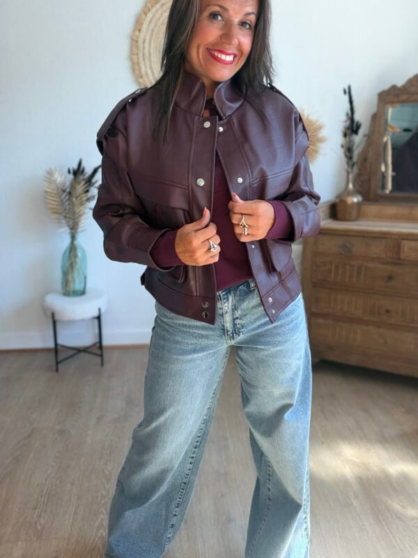 Veste similicuir grainé bordeaux  - Modèle Lisie