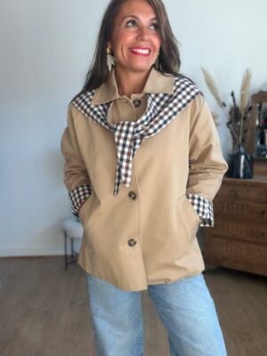 Veste Trench Beige Écharpe-Foulard Vichy - Modèle Maho