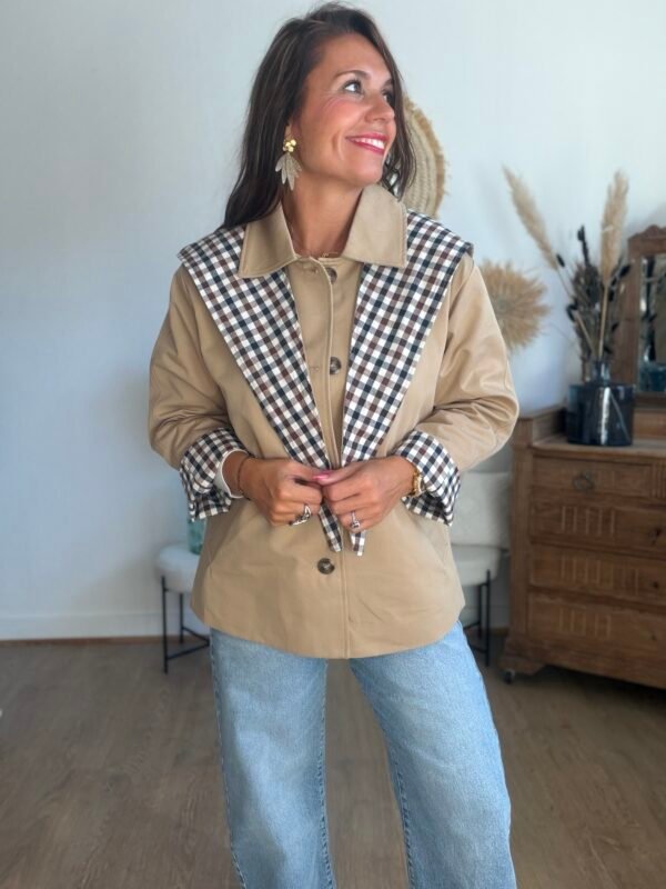 Veste Trench Beige Écharpe-Foulard Vichy - Modèle Maho