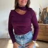Top Prune à Col Choker en Maille Côtelée - Modèle Fabiola