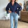 BLOUSE BLEU MARINE Blouse Fluide Manches en Dentelle- Modèle Saphyr