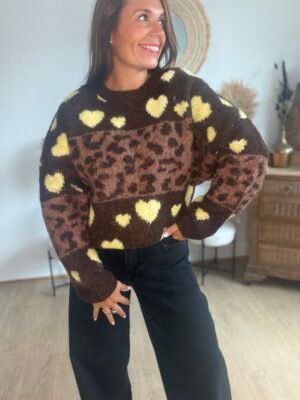 PULL MARRON ET JAUNE Pull jacquard léopard - Modèle Juliette